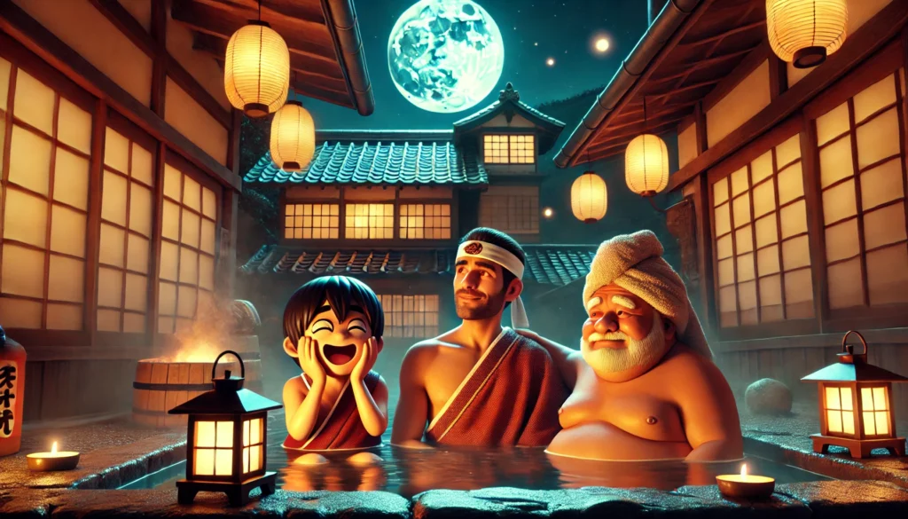 夜の露天風呂で、ローマ人風の男性が相撲力士と高齢の日本人男性とともに、満月と蛍の光に包まれながら入浴する幻想的でユーモラスなシーン