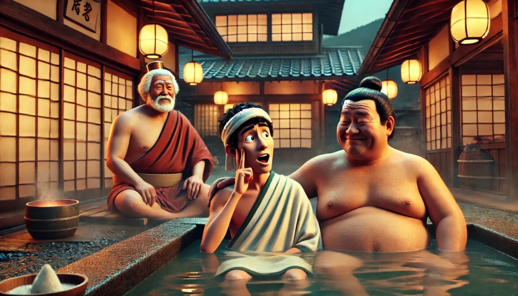 ローマ人風の男性が、相撲力士と日本の高齢男性とともに伝統的な日本の旅館の露天風呂に入っているコミカルな温泉シーン