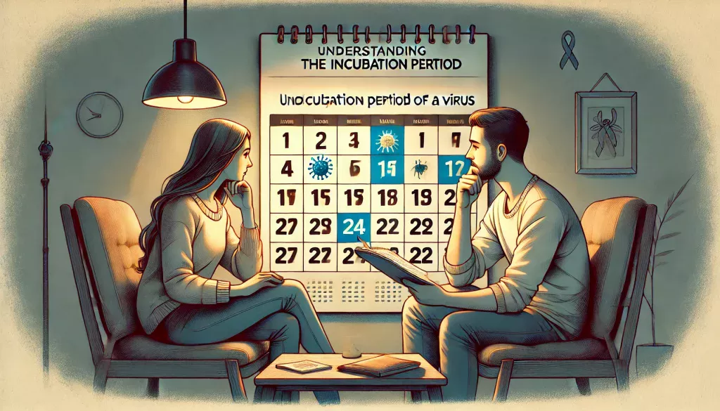 カップルが一緒にカレンダーを確認し、感染時期を冷静に推測している様子。ウイルスの潜伏期間の理解を象徴。