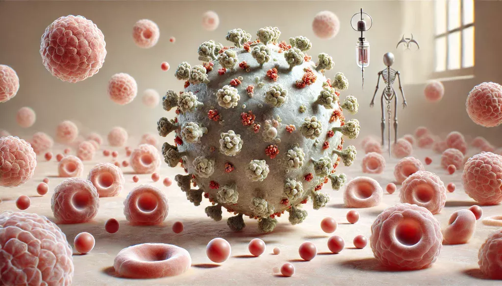 エプスタイン・バール・ウイルス(EBウイルス)が人間の細胞に侵入する様子を描いた3D医療イメージ。