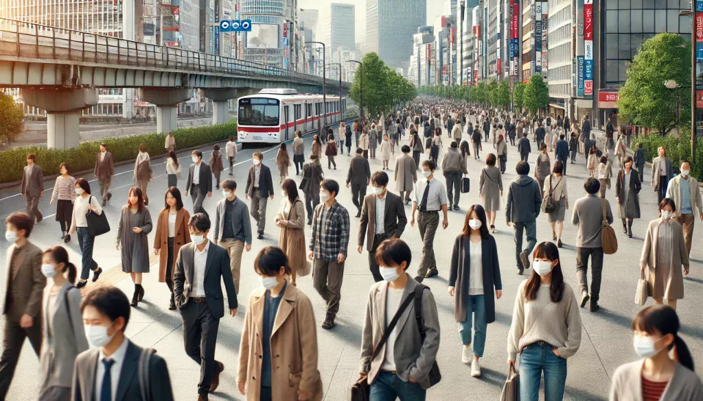 日本の都市部を歩くさまざまな成人たちが、無自覚にウイルスを保有している可能性を示唆する日常風景。