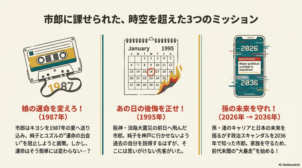 1987年の娘の運命、1995年の後悔、2036年の孫の未来を守るという、市郎が挑む3つの時代での任務内容。