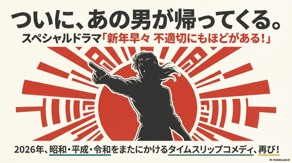 「ついに、あの男が帰ってくる。」というキャッチコピーとともに、2026年に昭和・平成・令和をまたにかけるコメディの復活を告げるタイトル画像。