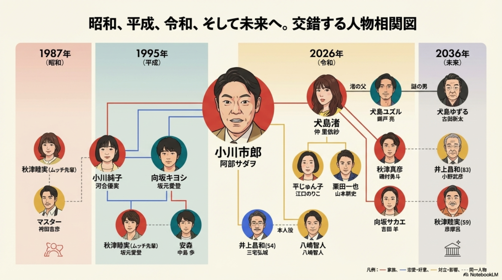 阿部サダヲ演じる小川市郎を中心に、1987年から2036年までの各時代に登場する人物たちの家族関係や交流を描いた相関図。