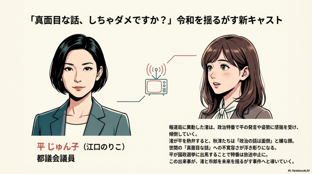 江口のりこ演じる都議会議員・平じゅん子の紹介と、彼女に感銘を受ける渚、そして未来を揺るがす事件への予兆。
