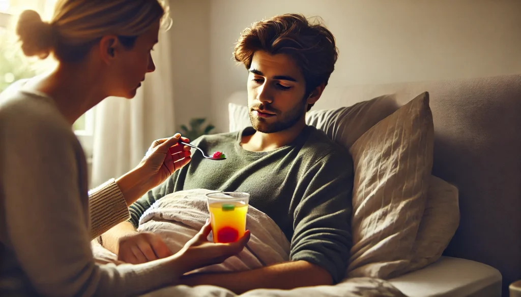 喉の痛みに苦しむパートナーを、優しく看病する様子。ゼリー飲料を渡す場面が療養の支えを象徴。