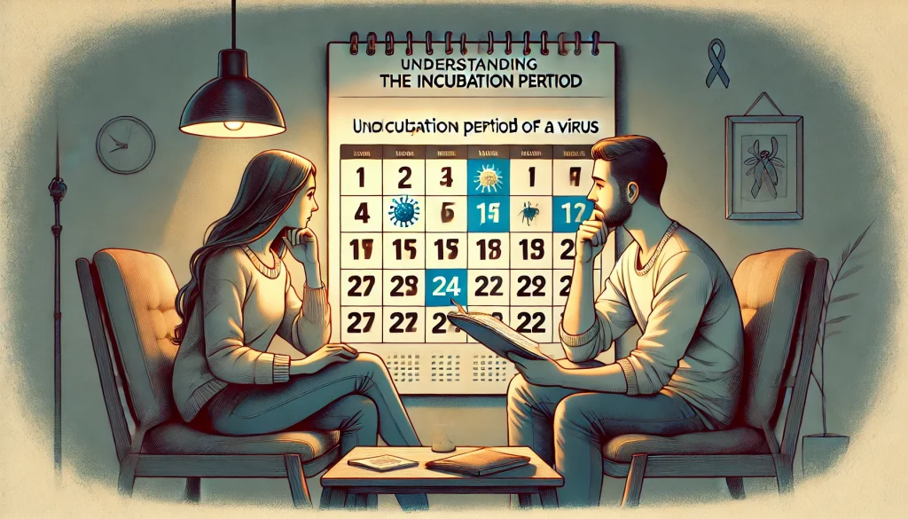 カップルが一緒にカレンダーを確認し、感染時期を冷静に推測している様子。ウイルスの潜伏期間の理解を象徴。