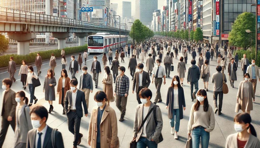 日本の都市部を歩くさまざまな成人たちが、無自覚にウイルスを保有している可能性を示唆する日常風景。