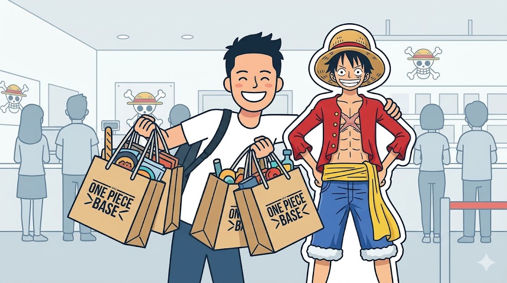笑顔でショップ袋を持つファンとルフィのパネルのイラスト