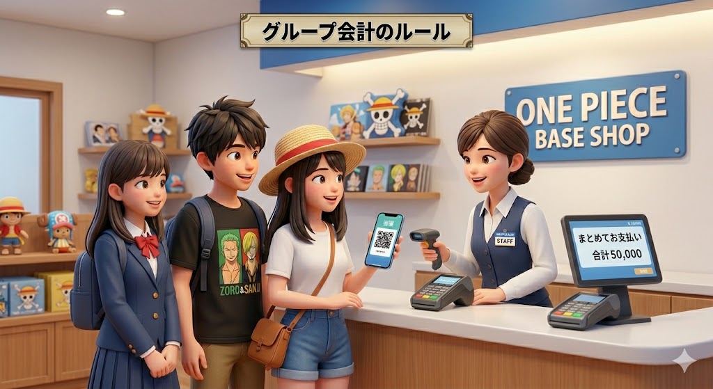 レジでの会計シーン。代表者がまとめて支払い、同行者が横で見守る協力的な雰囲気のイラスト