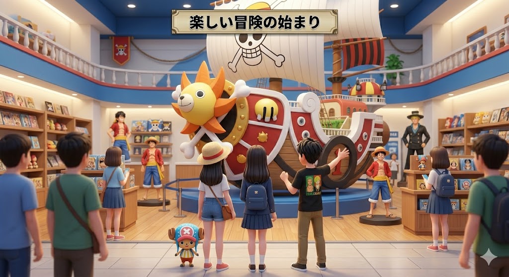 最後にガッツポーズをする代表者と同行者。背景には青空とショップの看板が見える、希望に満ちたイラスト