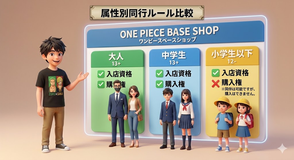 ショップの受付でスタッフにスマホを提示するグループの様子。明るく清潔感のあるショップの外観イラスト