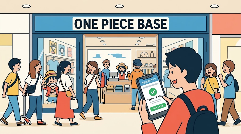 賑わうワンピース ベースショップの入り口とスマートフォンを持つファンのイラスト