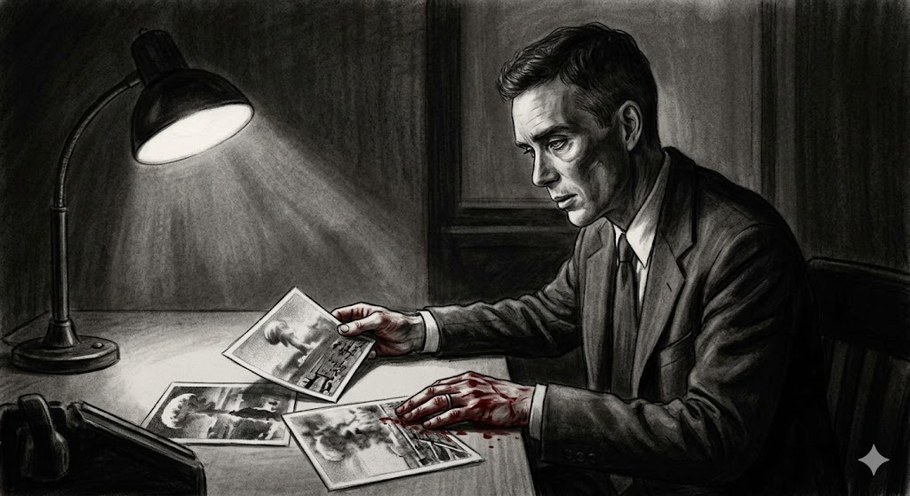 原爆投下の報道を見るオッペンハイマー