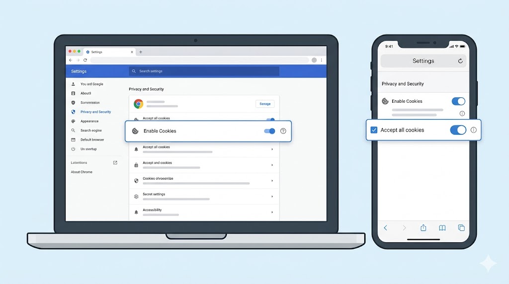 パソコンやスマホのブラウザ設定画面（Cookie有効）のイメージ